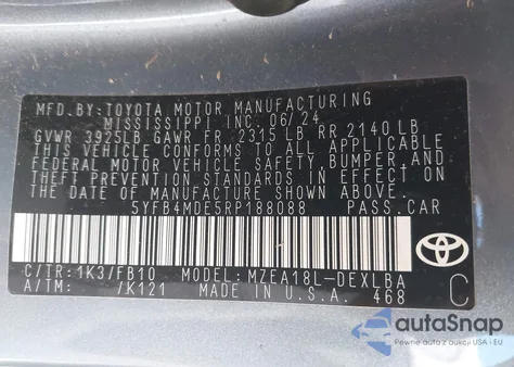 2024 Toyota Corolla Le z USA, uszkodzony, nr VIN 5YFB4MDE5RP188088